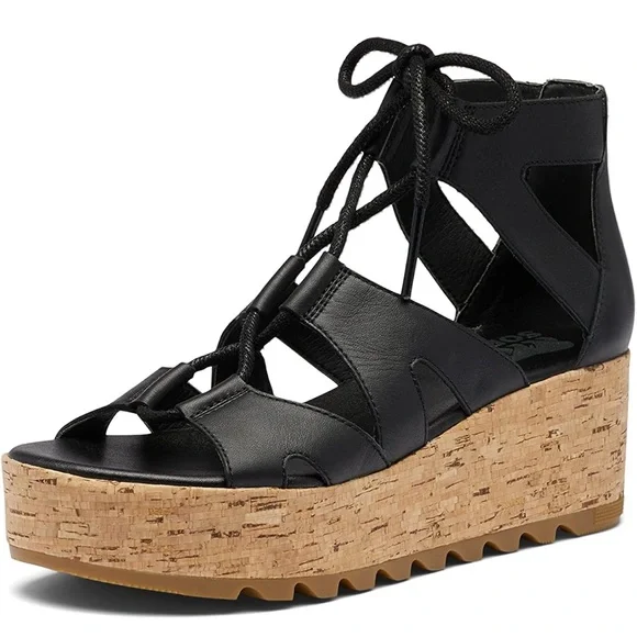 Sorel Cameron Platform Black Wedge Sandals - Picture 3 of 7